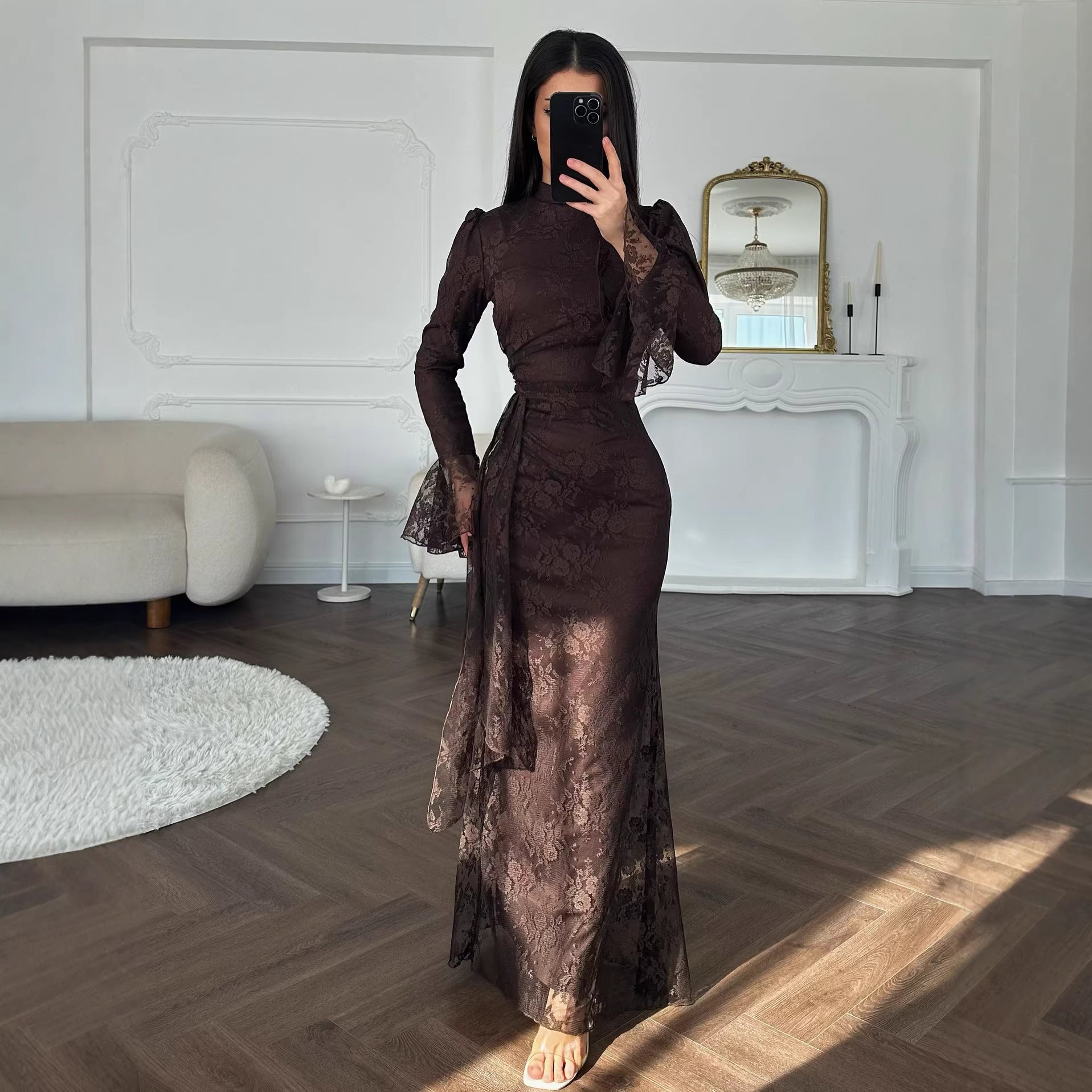 Automne Hiver Vêtements Femme Moyen-Orient Robe de soirée fourreau élégante en dentelle