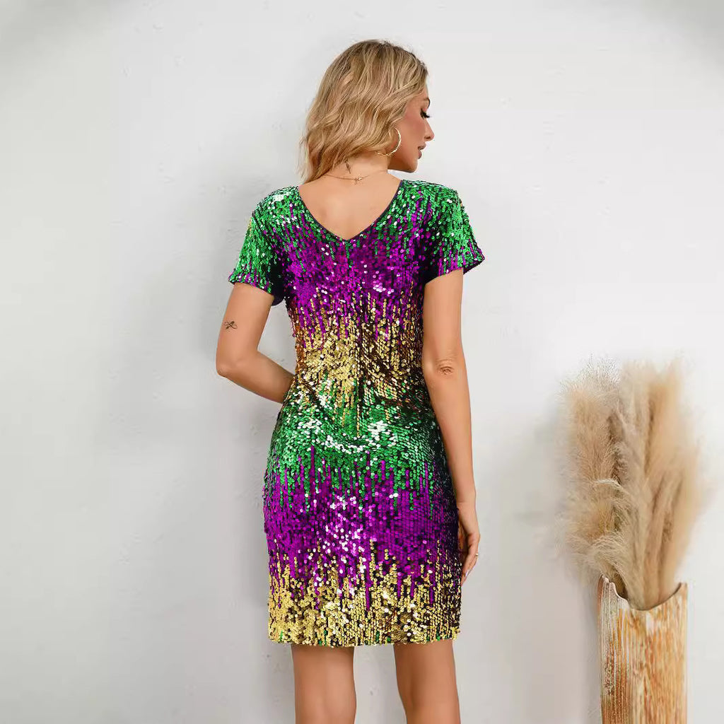 Robe de soirée sexy à sequins dégradés, col V et dos nu