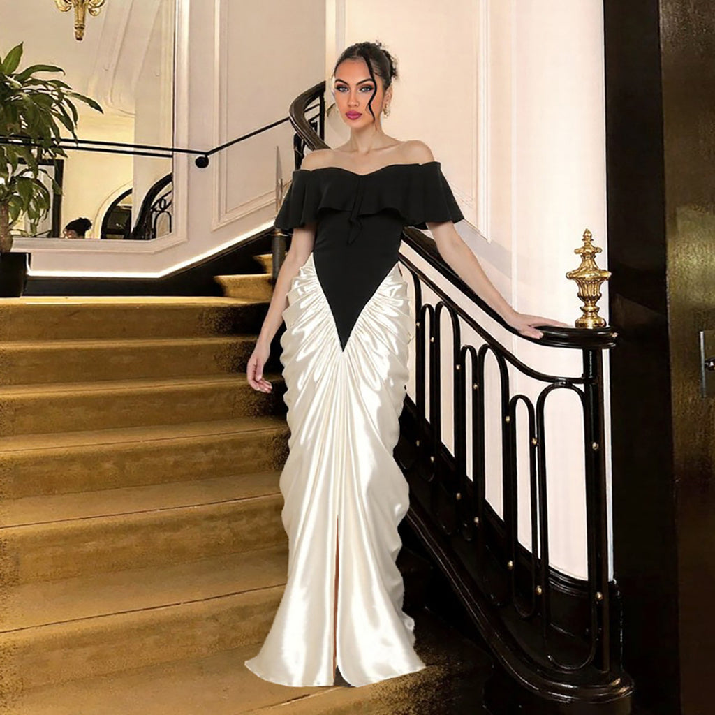 Autumn Winter Women Clothing Elegant Sexy Strapless Waist Ruffle Hip Contrasting Color Dress