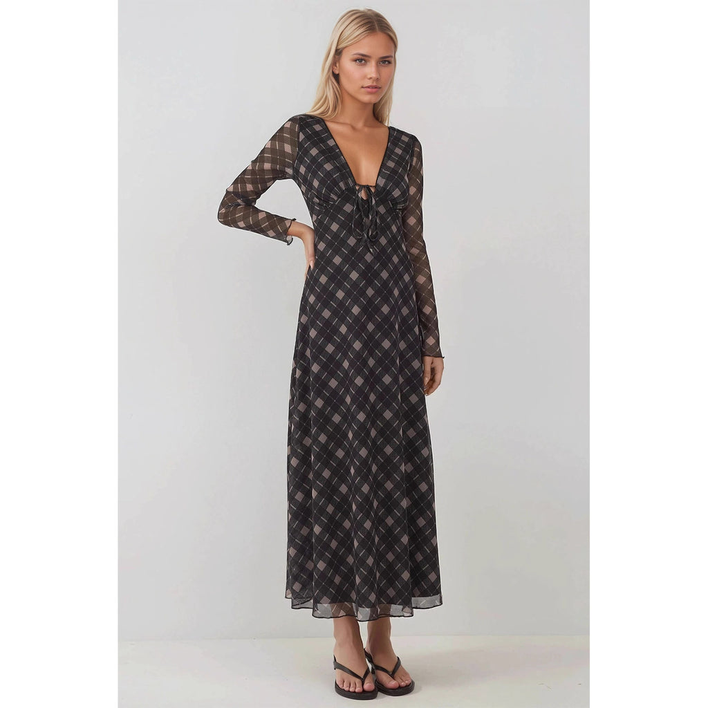 Autumn Retro V neck Lace up Plaid Elegant Graceful Slim Dress