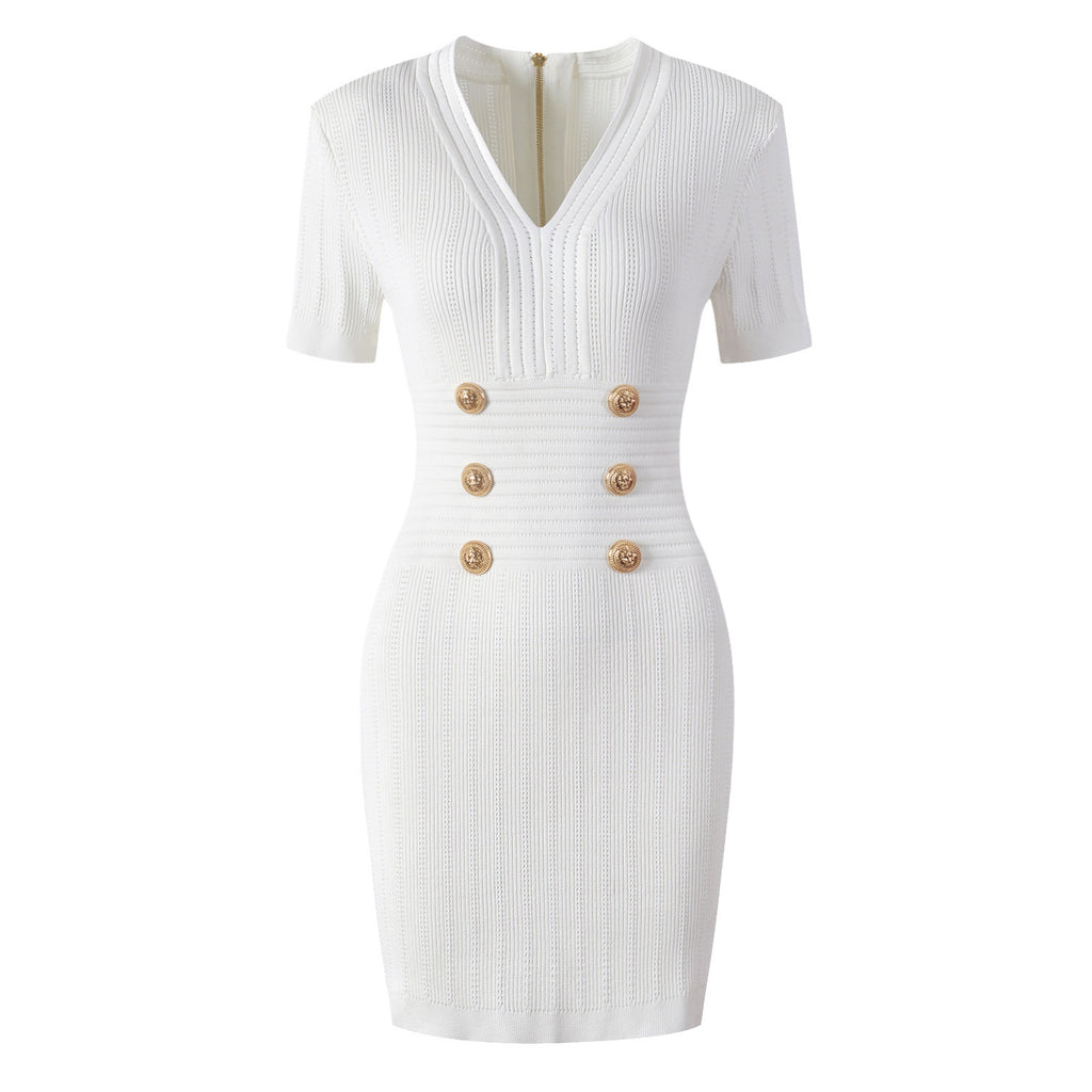 Vestido de manga corta con cuello en V, tejido de punto de alta calidad, ajustado y moldeador