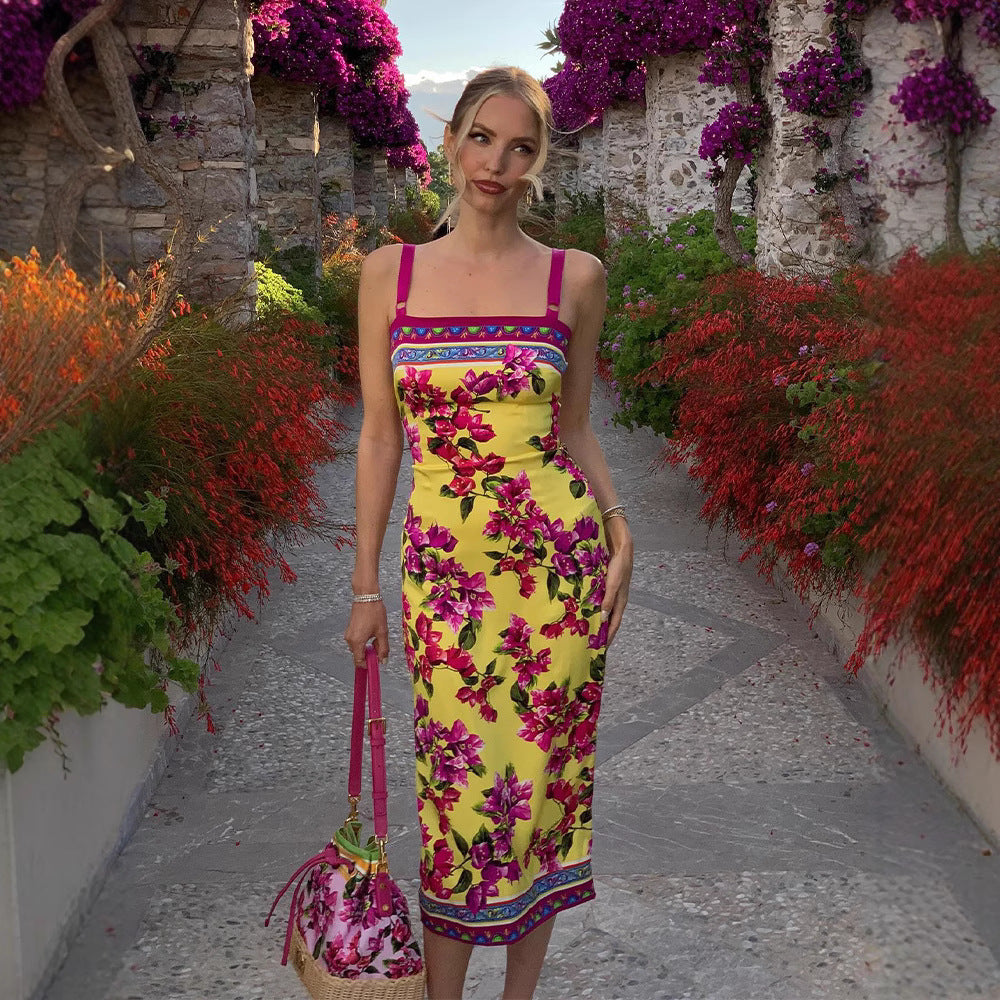 Summer Ethnic Retro Printed Slim Fit Sheath Sling Dress Maxi Dress for Women