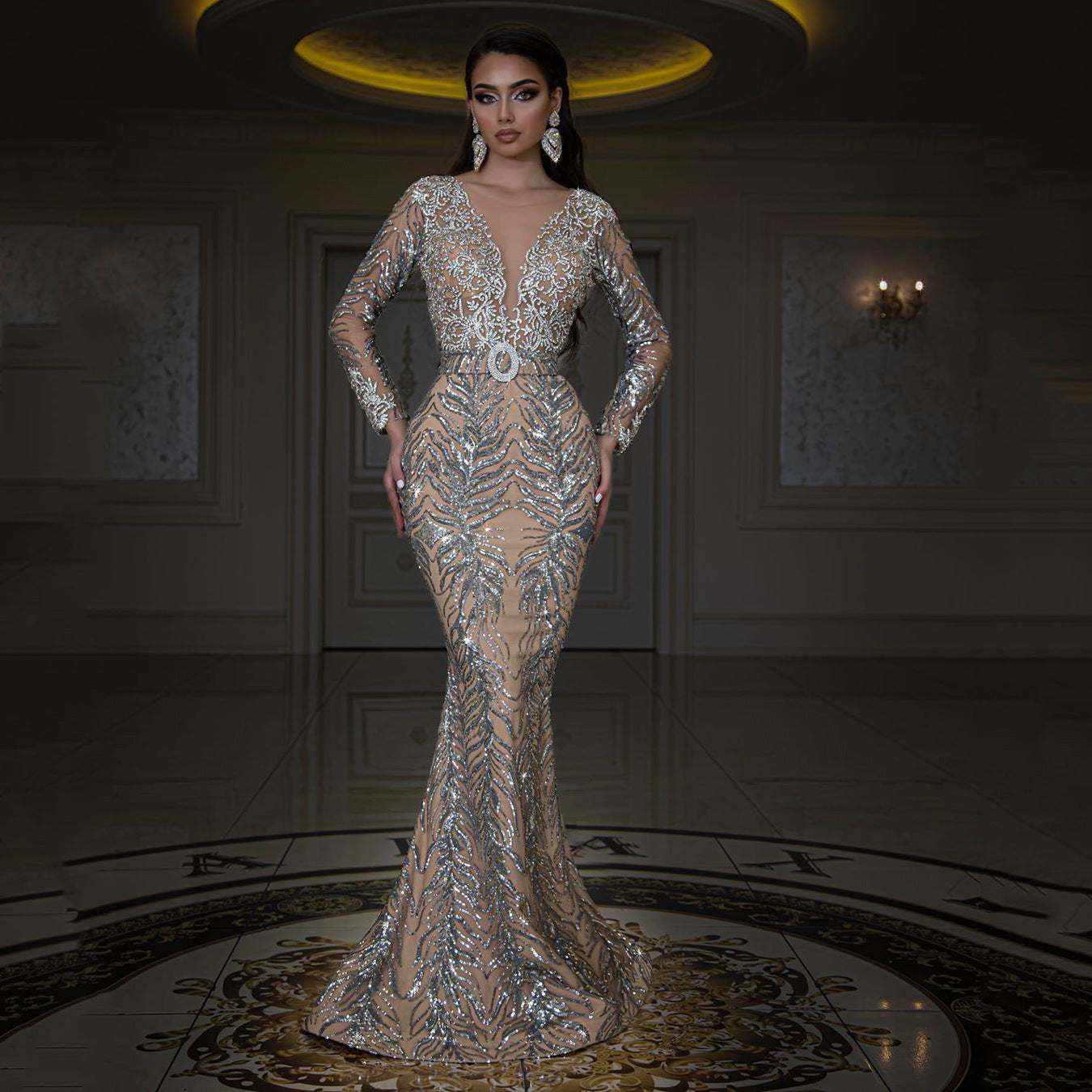 Robe de soirée sexy à manches longues et coupe sirène, effet bronzé, manches longues.
