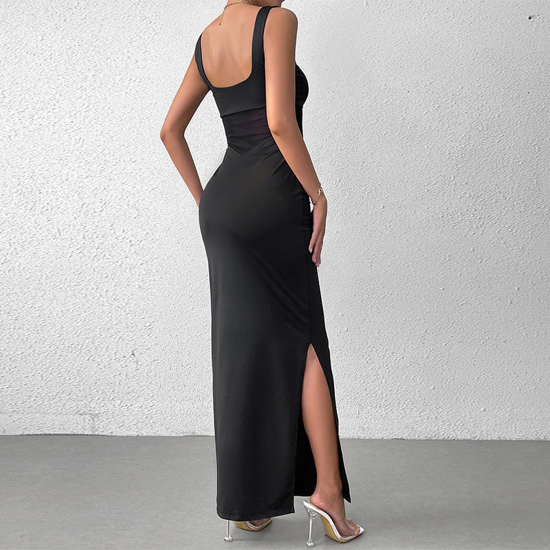 Robe nuisette sexy en soie de lait et maille fendue dos nu, robe maxi de soirée