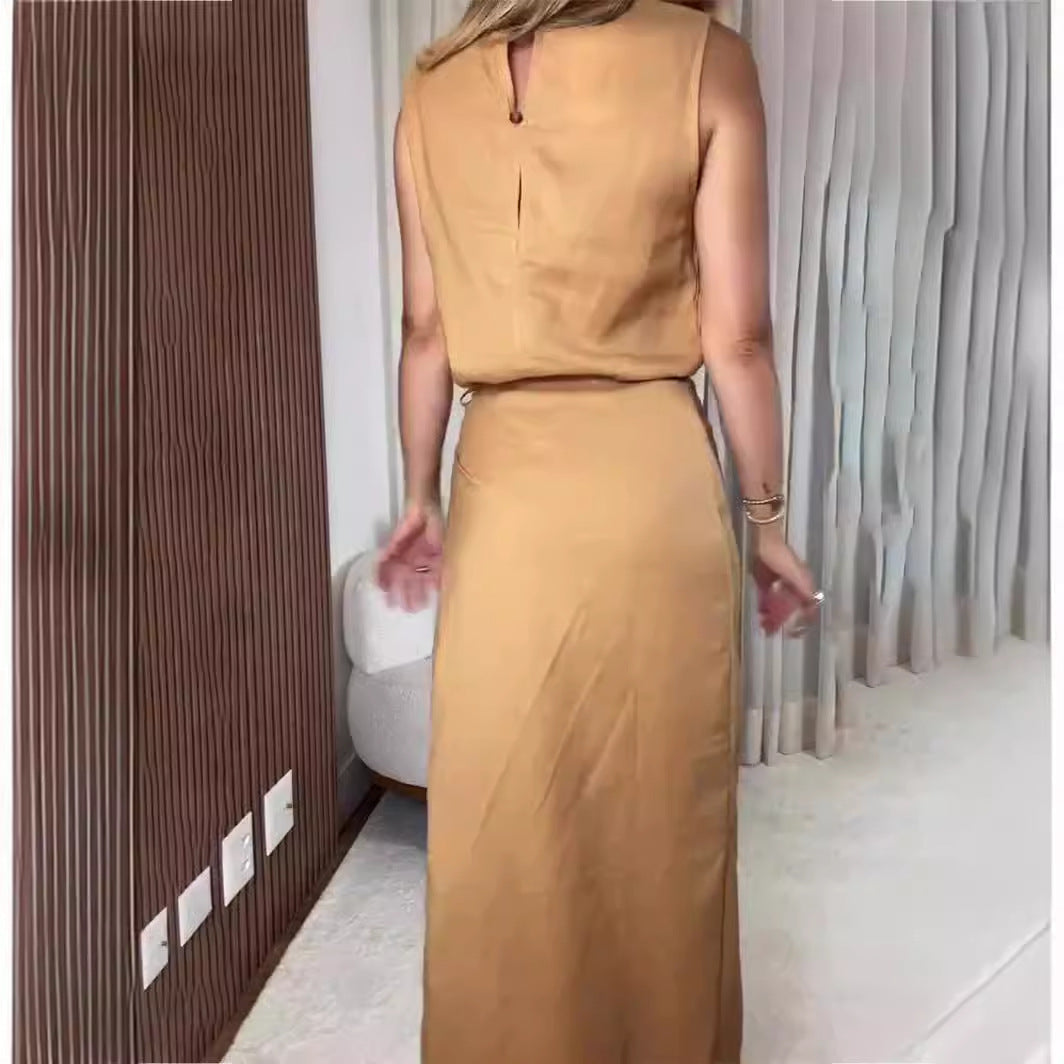 V Neck Sleeveless Irregular Asymmetric Lace Up Slim Dress Faux Two Piece Split Women Clothing