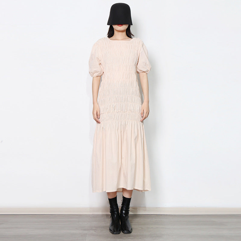 Fresh Sweet Early Spring round Neck Puff Sleeve Personalized Elastic Pleated Design Ruffled Hem Women Dress