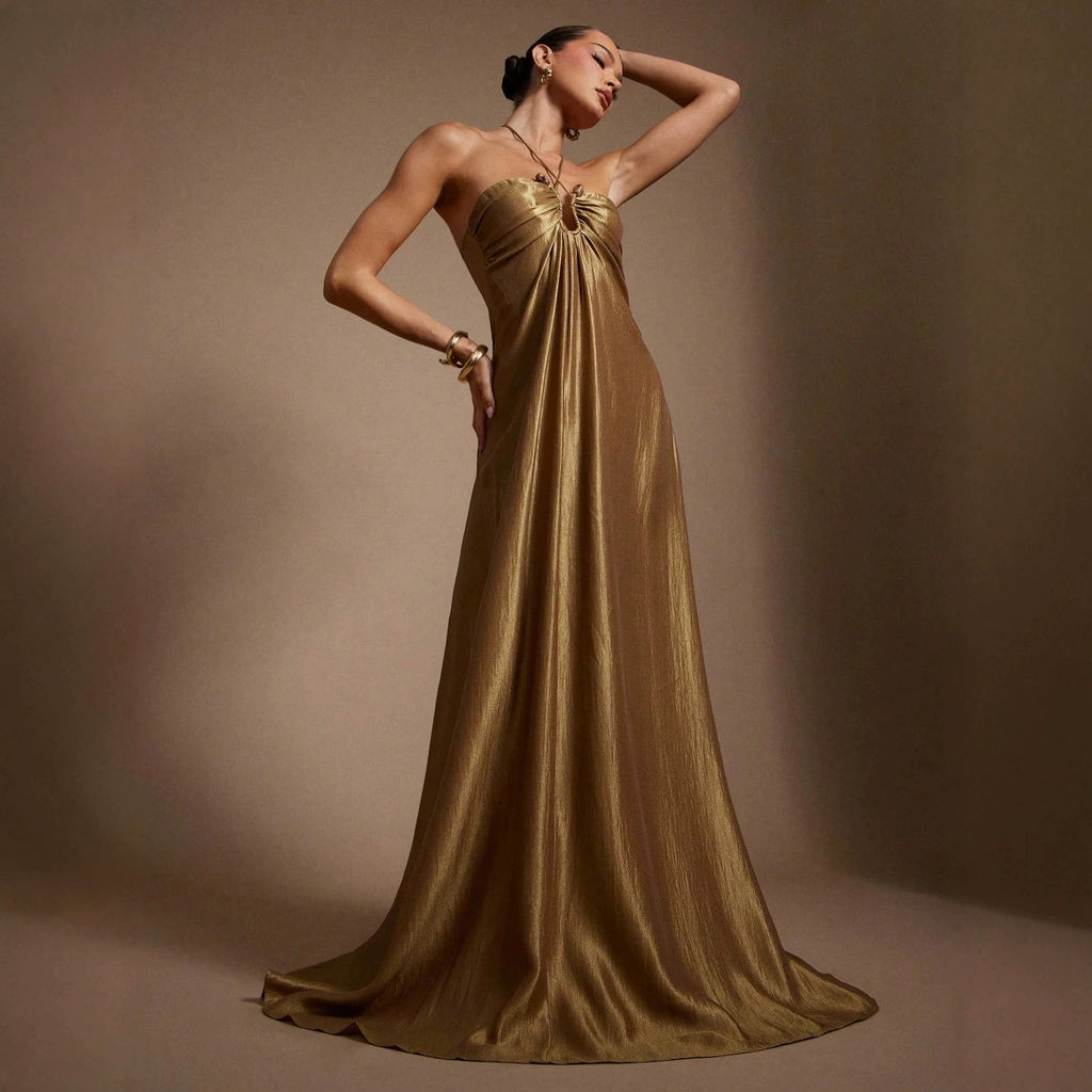 Vestido maxi de verano halter sin mangas, sin espalda, entallado que realza la figura, color sólido