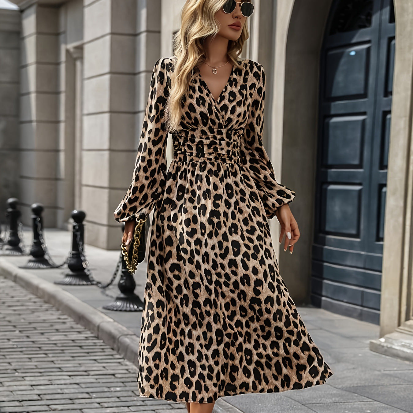 Vintage Leopard Print V neck Wrap Dress Women Bubble Long Sleeve Fitted Waist Pleated Mid Length