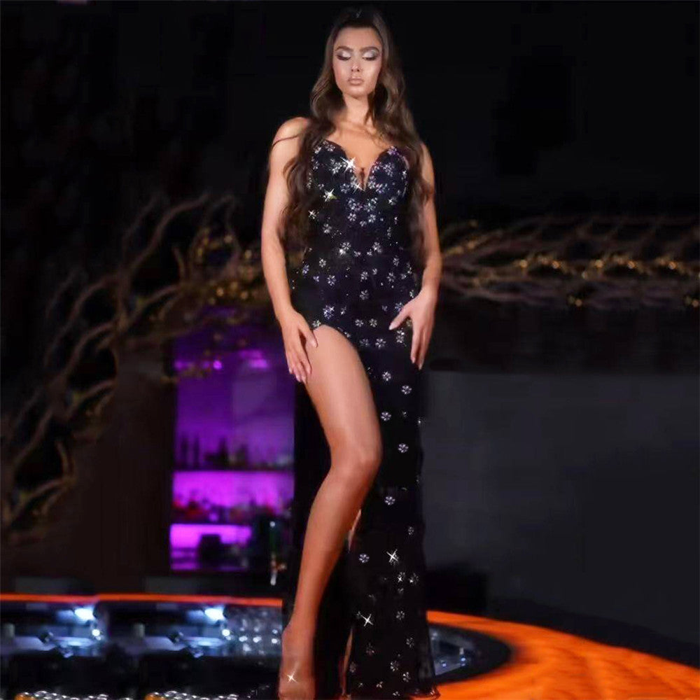 Robe bustier à strass, bandage, une pièce, sexy, fendue haute, taille affinante, longue robe de soirée