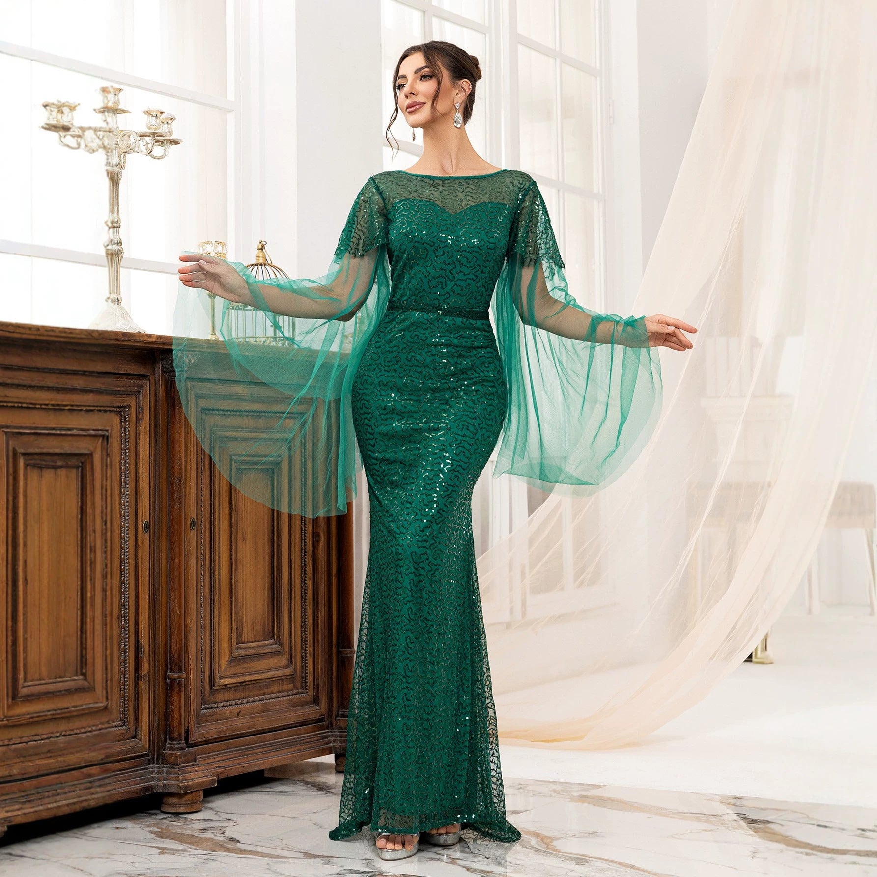 Cocktail Elegant Long Sleeveless Sequined Atmosphere Queen Fishtail Evening Dress