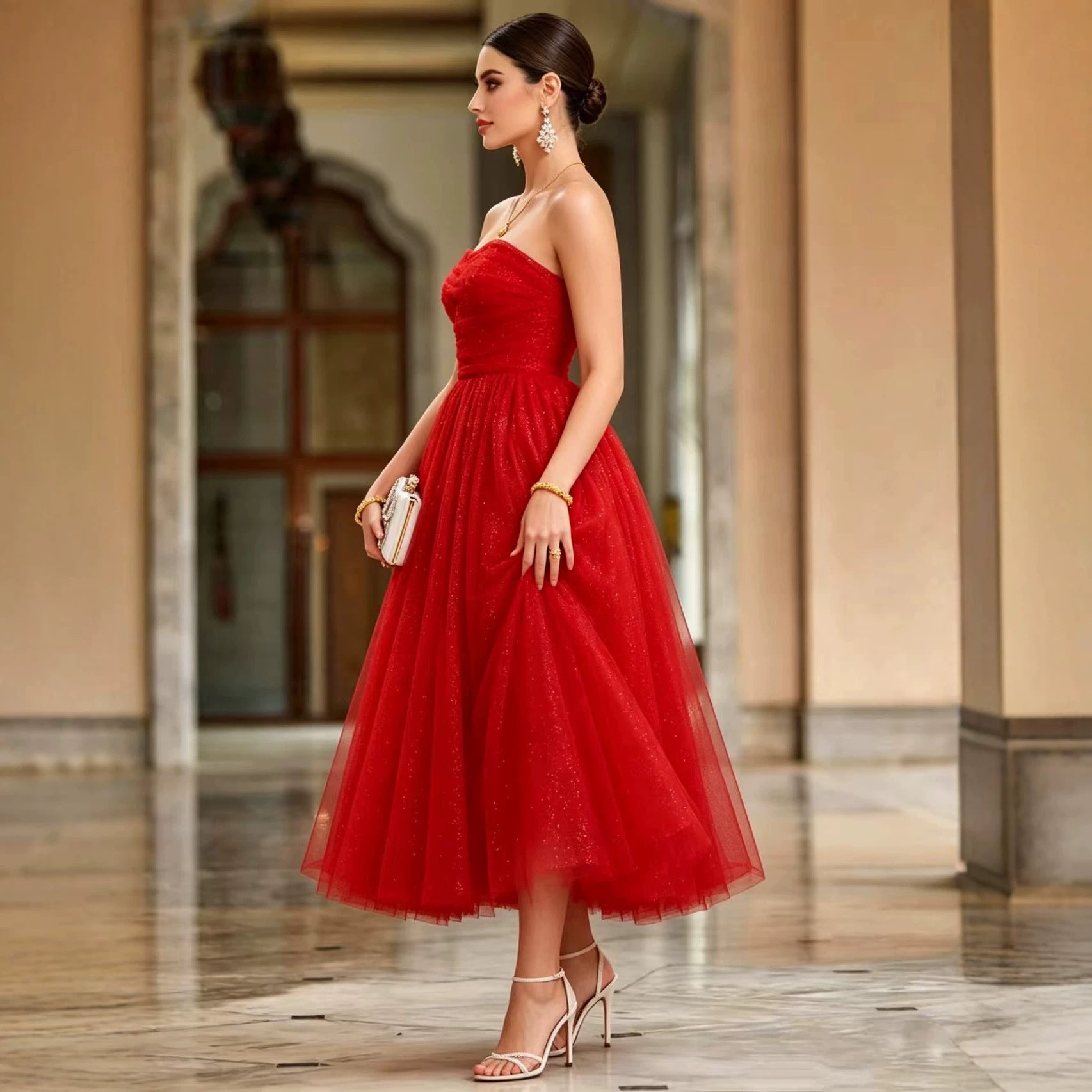 French off Shoulder Red Toast Dress Evening Gown