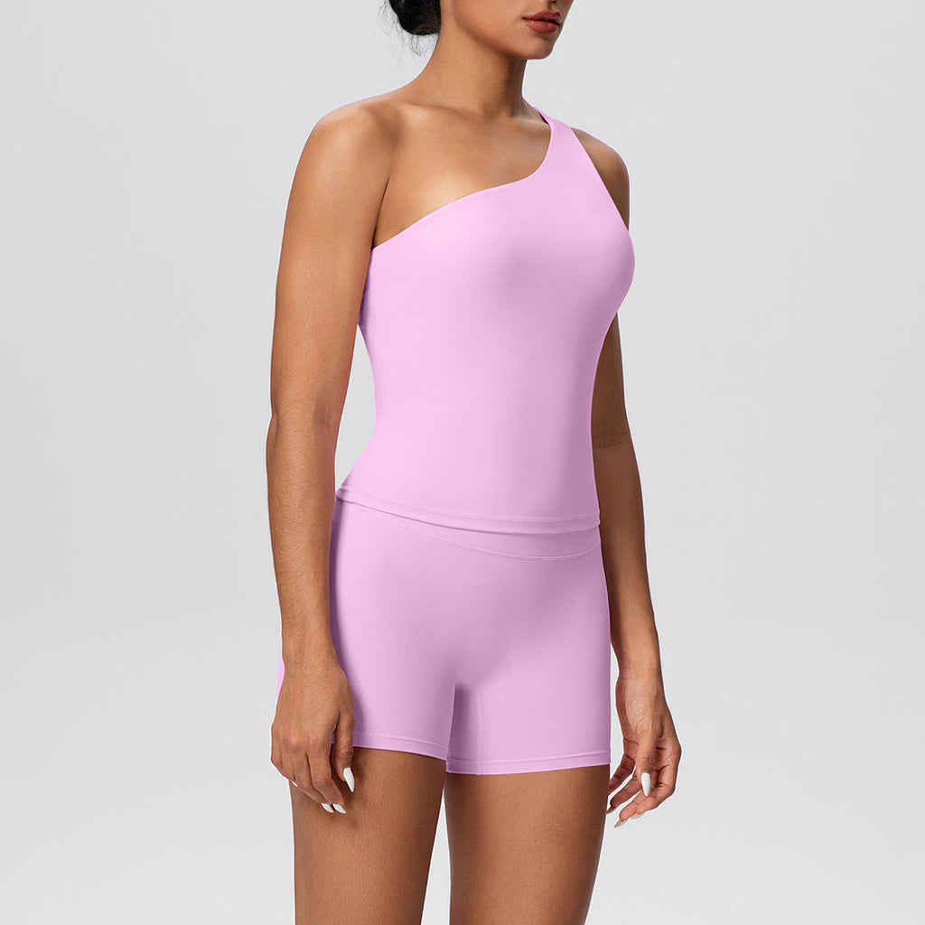 Ensemble de vêtements de sport pour femmes : débardeur de yoga uni à bretelles obliques, pantalon de course, short slim, short de fitness et de yoga.