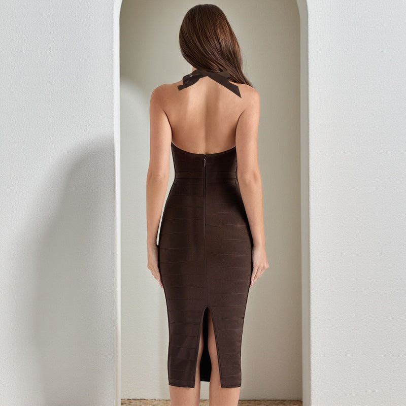 Hip Maxi Dress Knitted Wide Sunken Stripe Halter Tight Dress