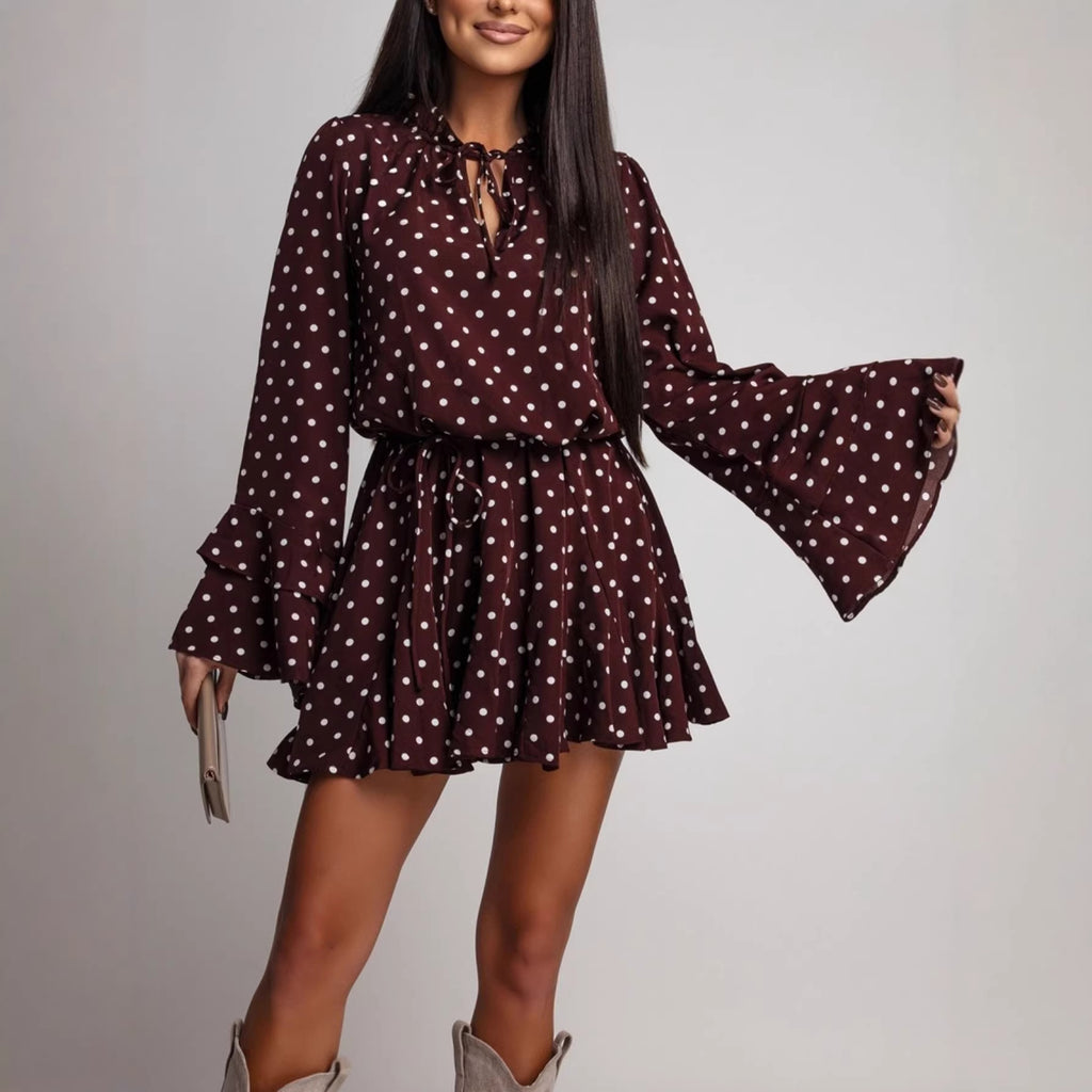 Women Polka Dot V neck Long Sleeve Dress
