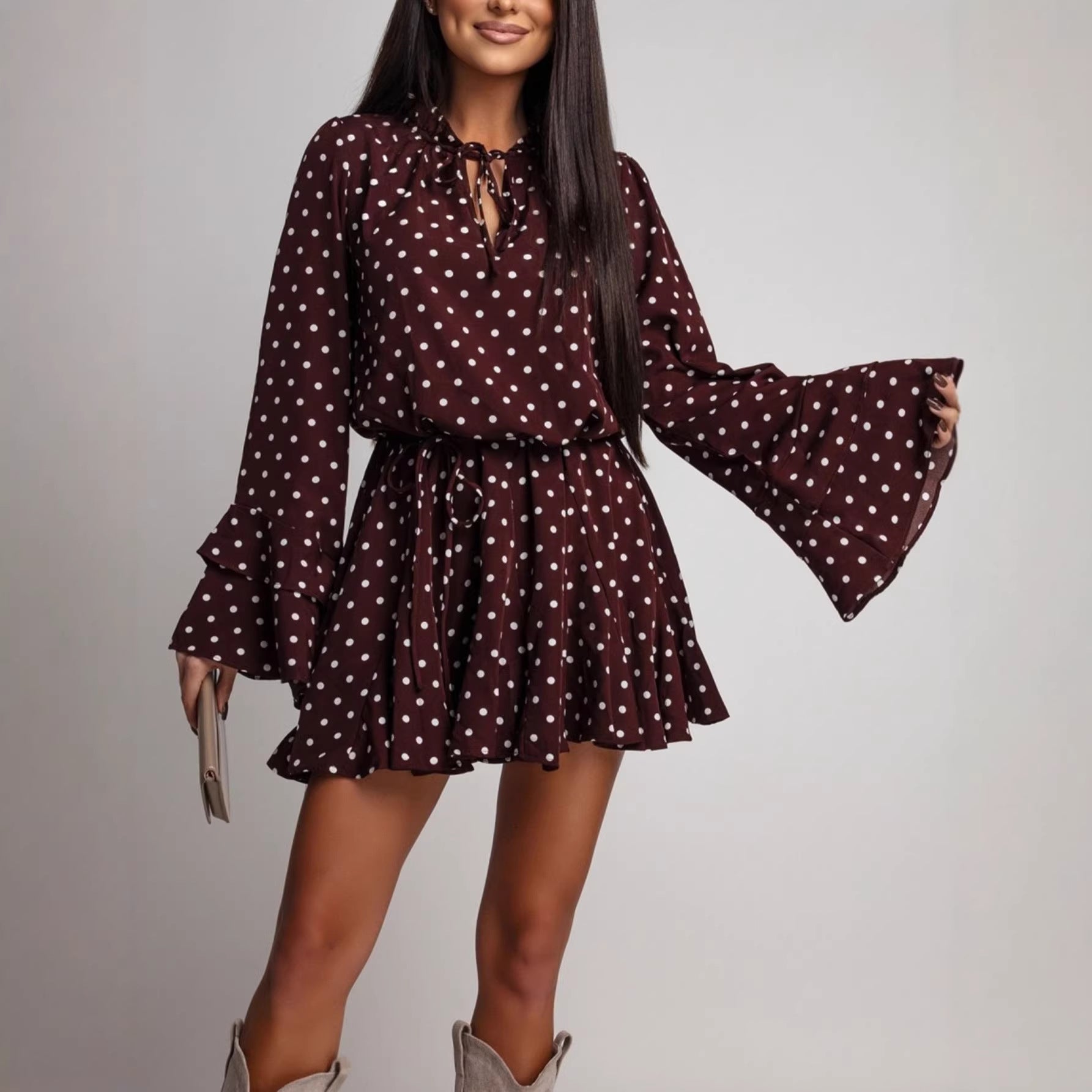 Women Polka Dot V neck Long Sleeve Dress