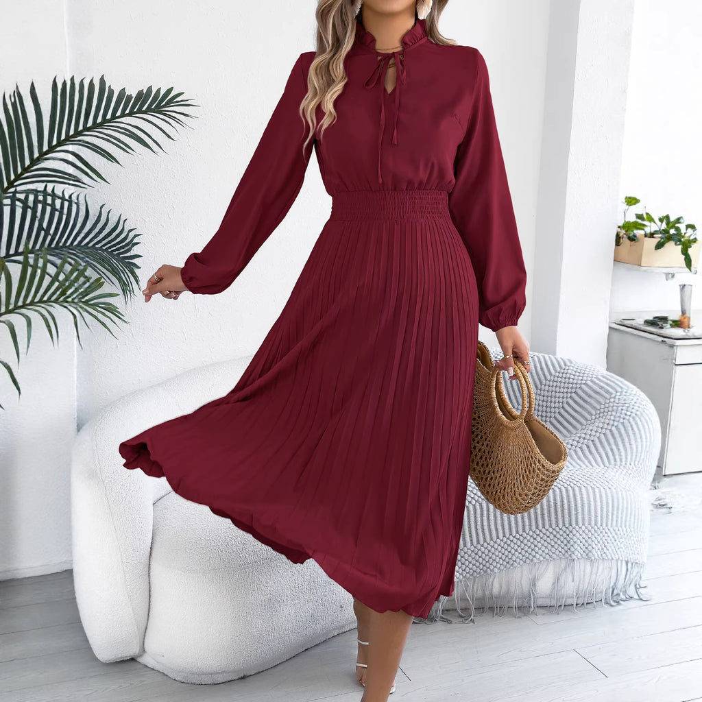 Robe longue plissée élégante à lacets et manches lanternes, collection printemps-été pour femmes