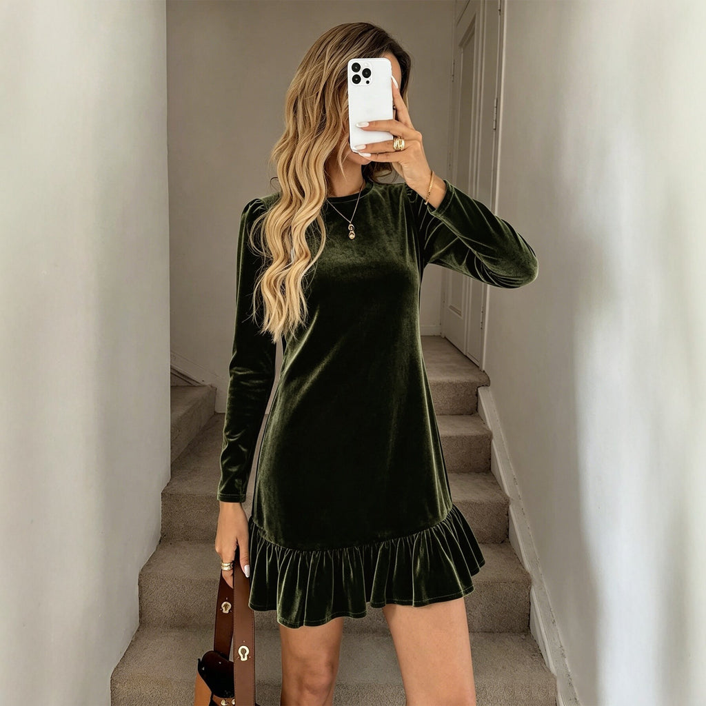 Women round Neck Velvet Dress Long Sleeve Waist Slimming Flounce Hem Dress