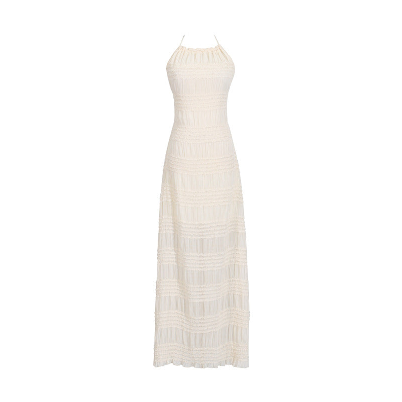 Robe longue de plage respirante en maille, style français, coupe simple, dos nu, couleur unie, automne