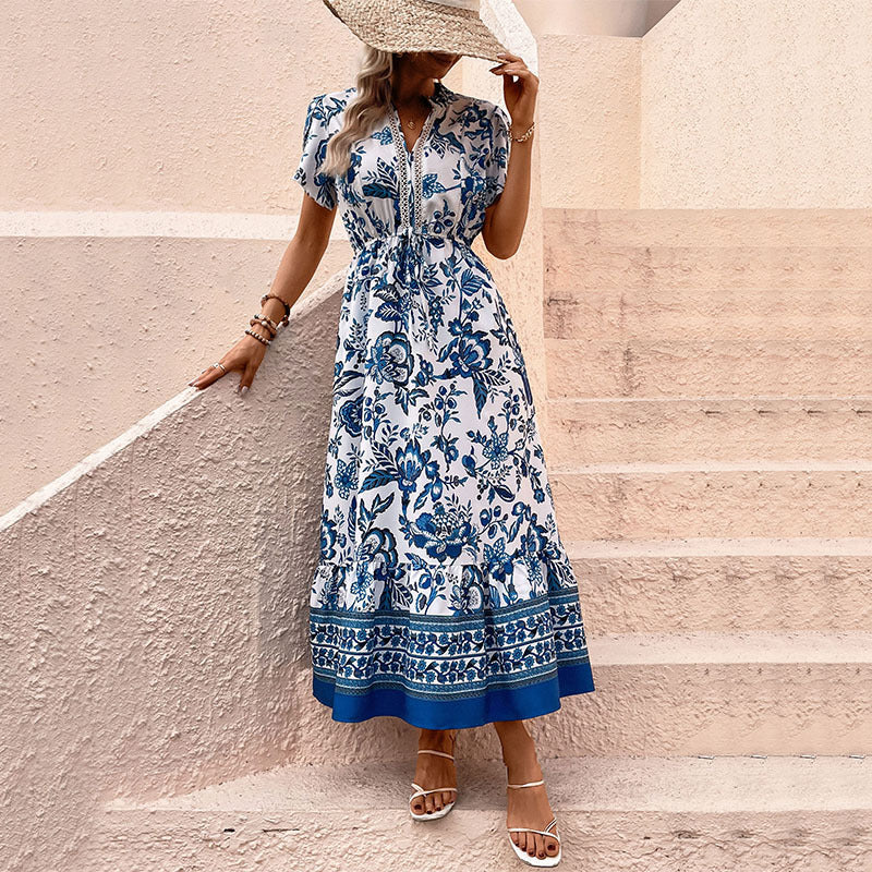 Robe d'été imprimée bleue amincissante pour femme