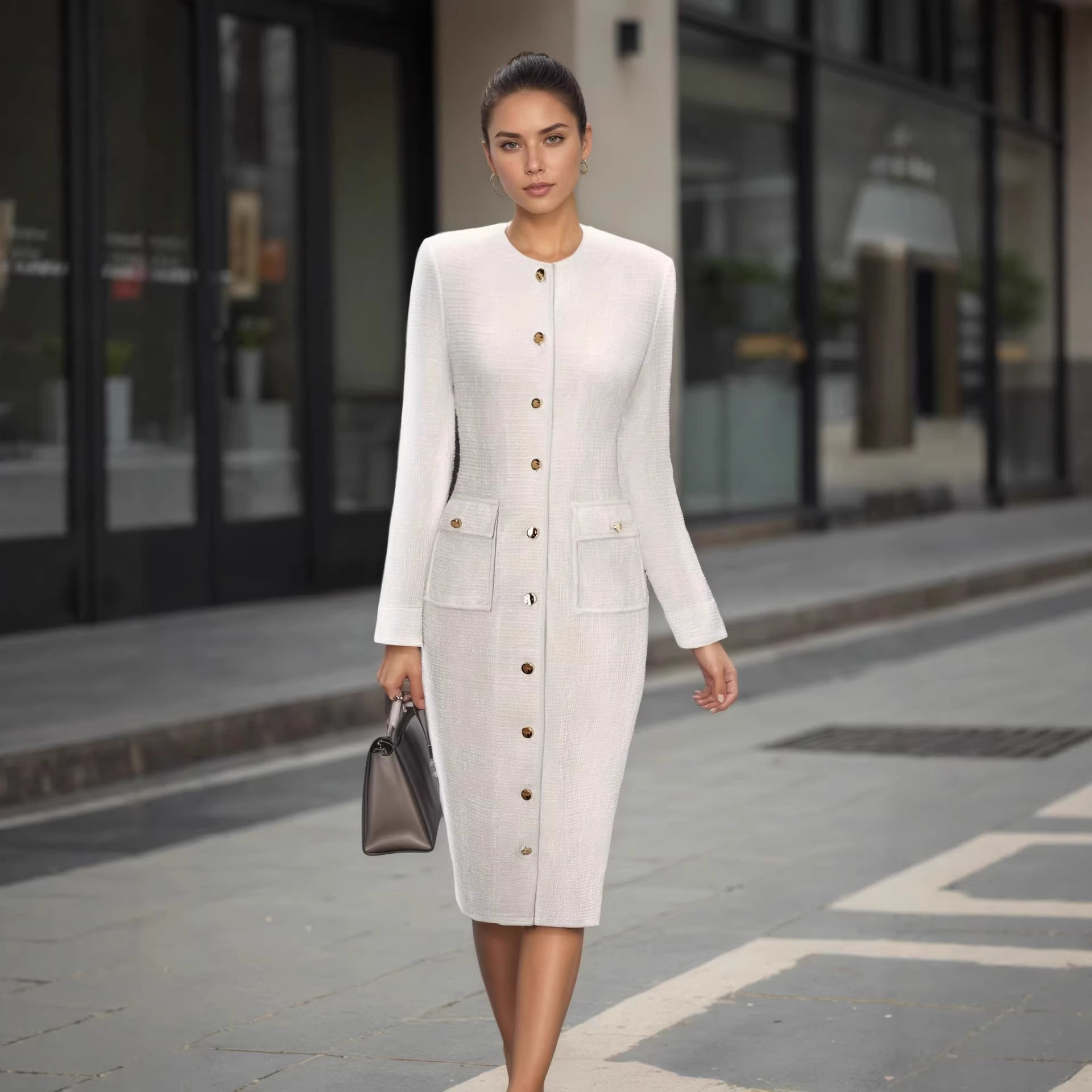Robe élégante en tweed blanc à manches longues, deux poches latérales, coupe ajustée.
