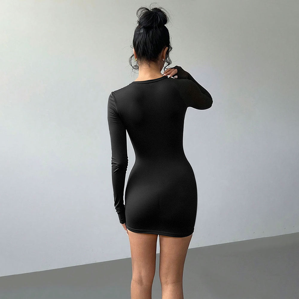 Robe de soirée sexy automne-hiver à découpes ajourées, manches longues, coupe ajustée, couleur unie