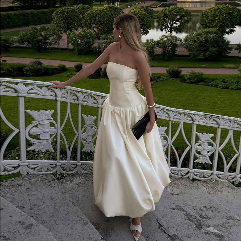 Sexy Tube Top Dress Elegant Sexy Hepburn off Shoulder Puffy Dress