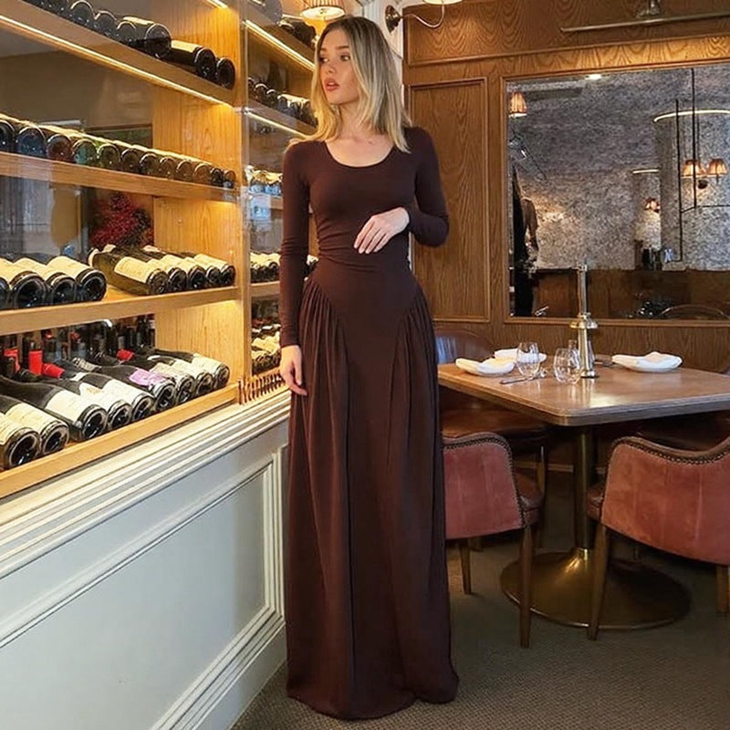 Robe d'automne pour femme, col en U, couleur unie, manches longues, taille cintrée