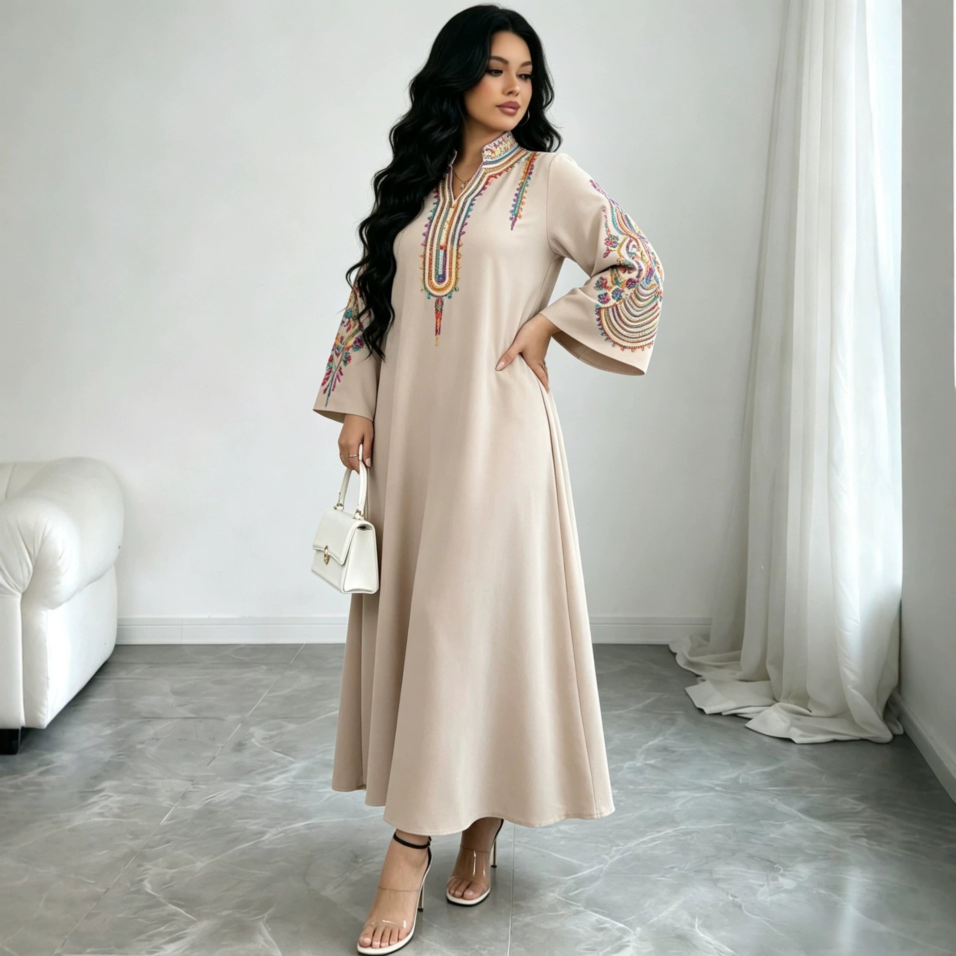 Ethnic Embroidered Pullover Dress Loose Robe Rope Embroidery Craft Women Clothing