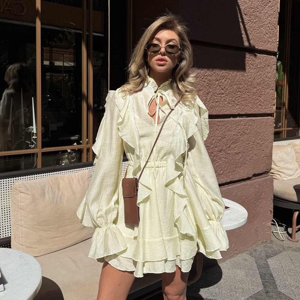 Spring Summer Sweet Tie Neck Ruffled Lace Waist Trimming Short Dress