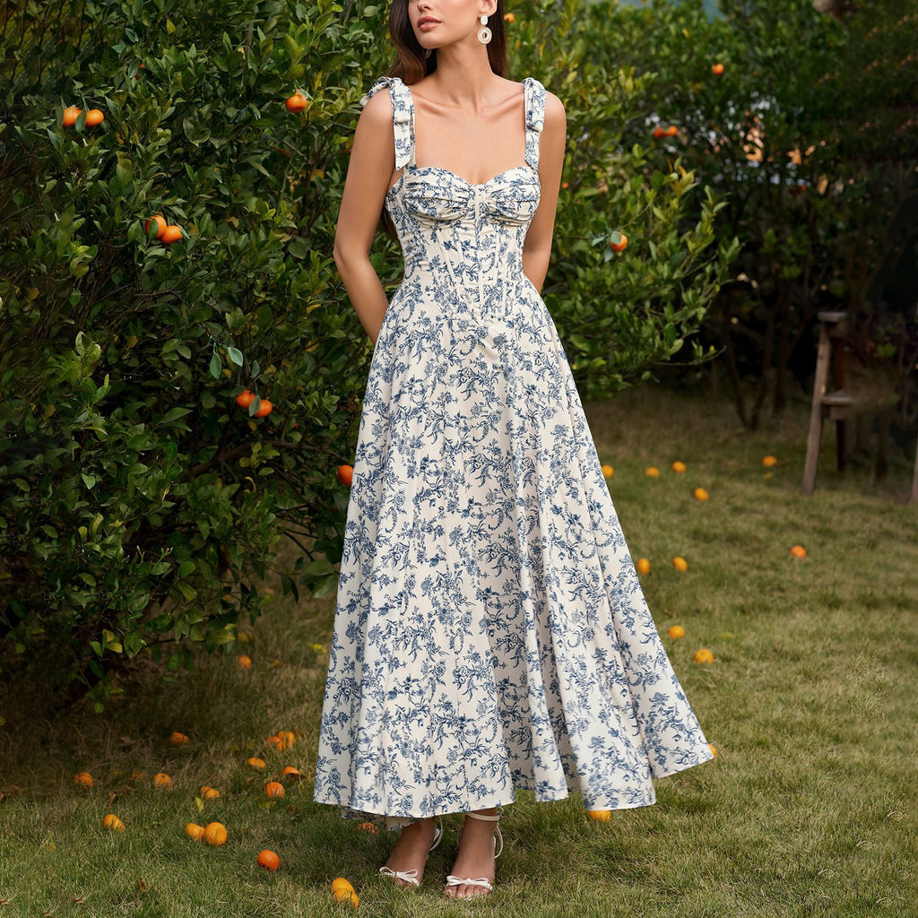 Summer Four Sided Stretch Printing Slip Dress Dignified Goddess Backless Waist Trimming Lace up Boning Corset Dress