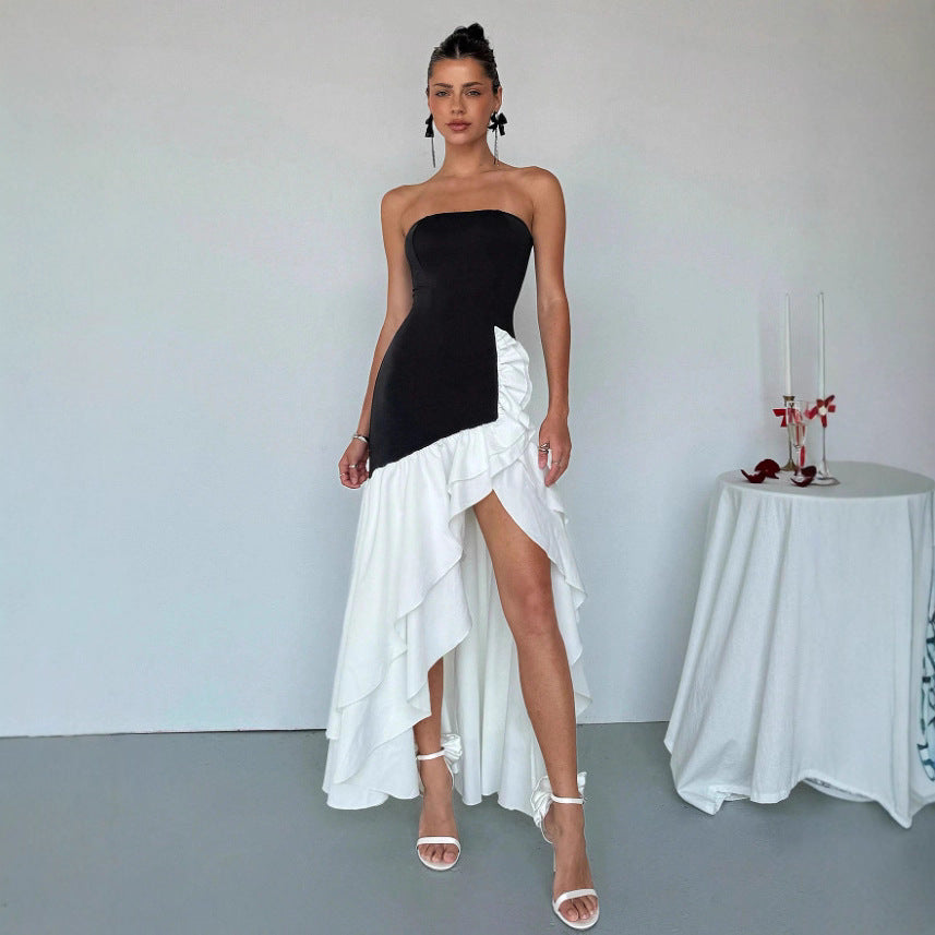 Robe élégante et sexy noire à bustier asymétrique en dentelle