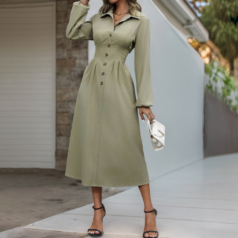 Spring Autumn Cardigan Button Polo Collar Solid Color Long Sleeve Slim Fit Dress
