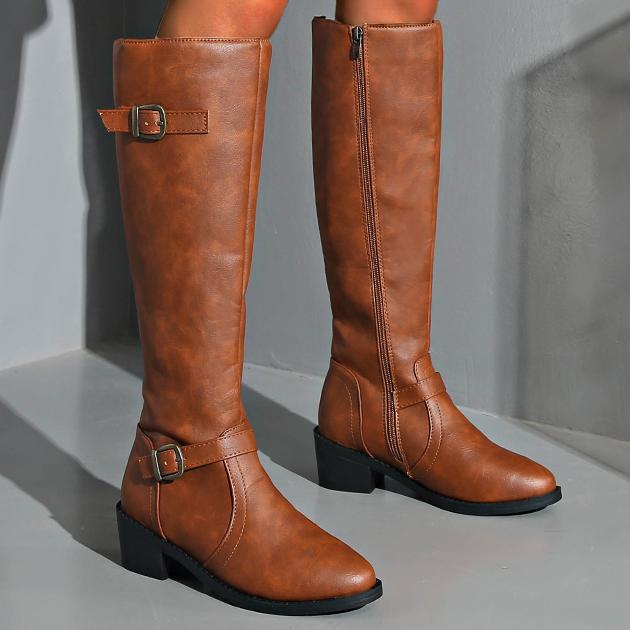 Plus Size High Mid Heel Knight Boots Women Arrival Side Zipper Belt Buckle Motorcycle Boots