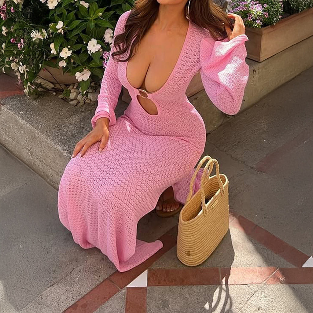 Spring Summer Vacation Women Deep V Plunge neck Long Sleeve Solid Color Woolen Buckle Dress for Women