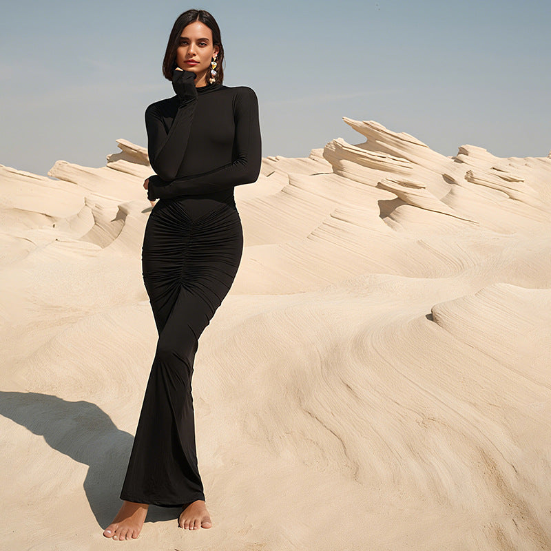Robe d'automne élégante et cintrée à col roulé plissé et manches longues, couleur unie, pour femme
