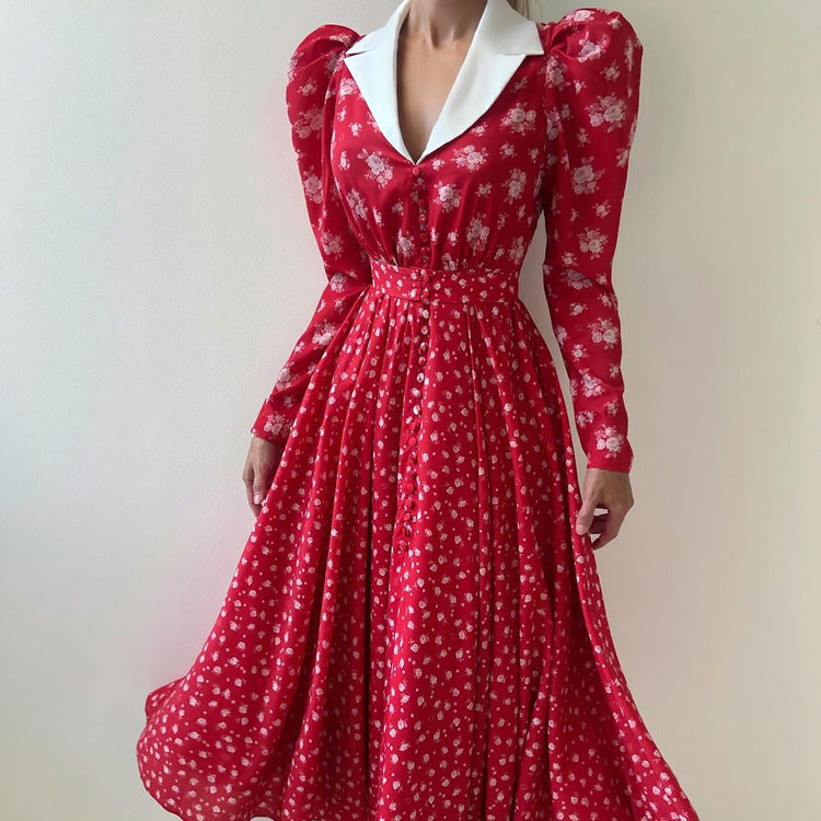Robe trapèze imprimée à manches longues et col contrastés pour femme