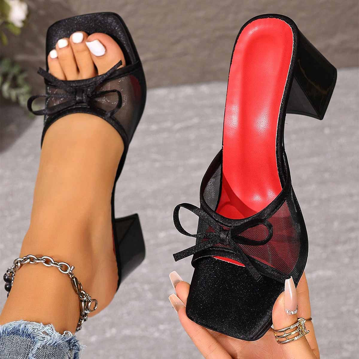 Transparent Chunky Heel High Heel Sandals Women Summer Bow Open Toe Square Head All Match Crystal Shoes