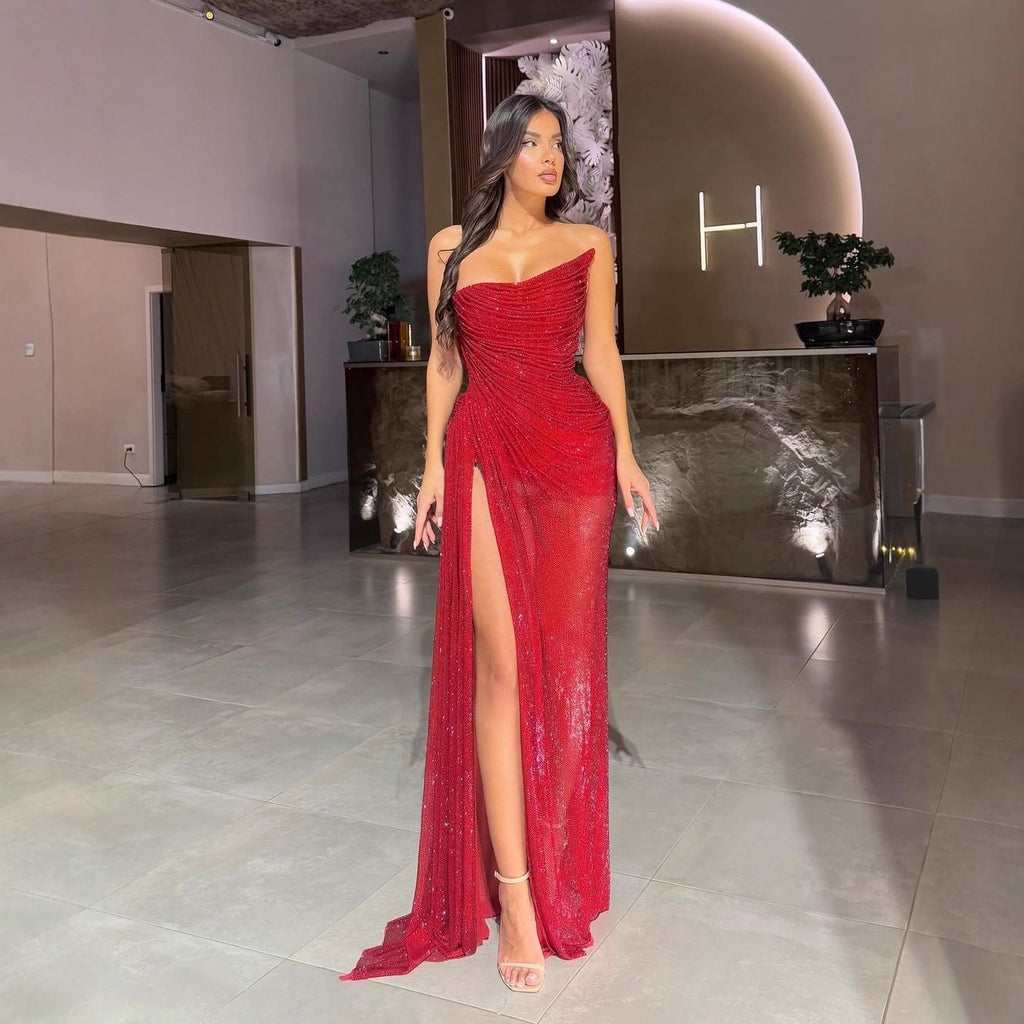 Robe de soirée extensible à sequins pour femme, idéale pour le printemps et l'automne. Robe fendue à l'épaule ornée de sequins.