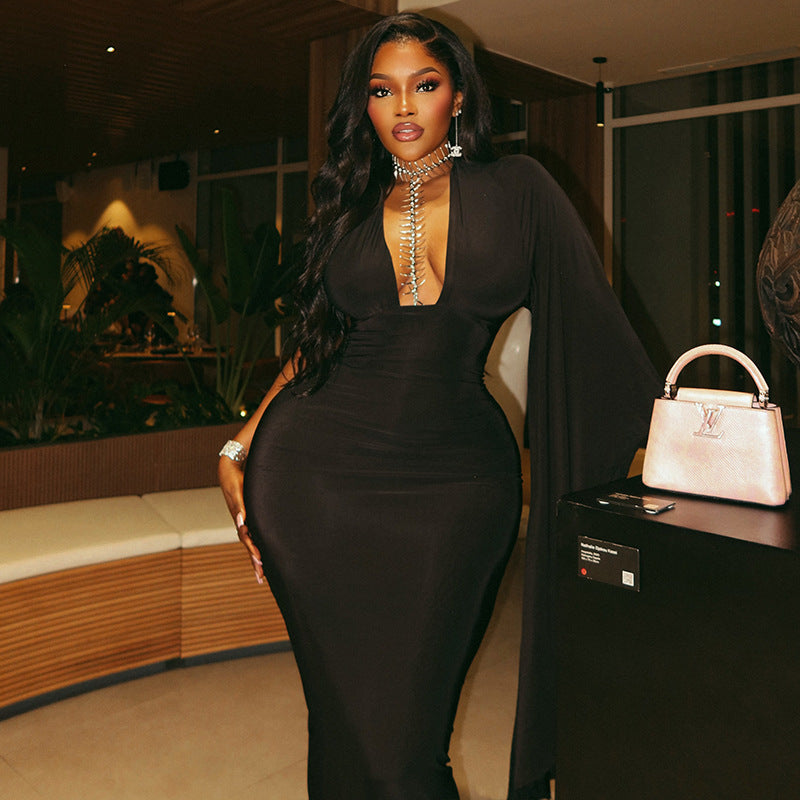 Solid Color Backless Sexy Women Clothing Asymmetric Hip V neck Long Sleeve Party Dress