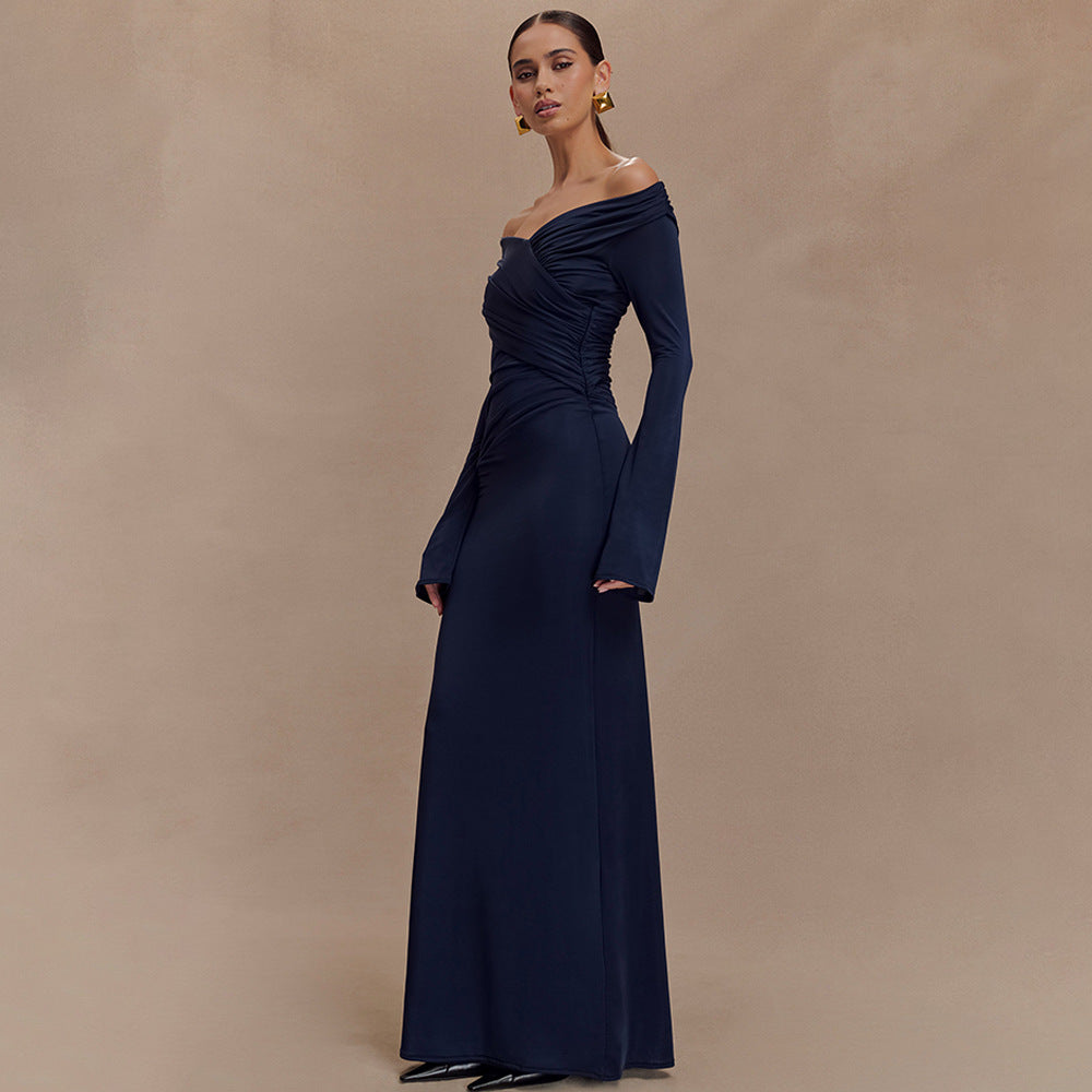 Women Spring Sexy V neck Pleated Hip Dress
