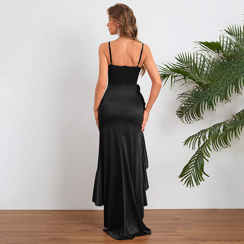 Robe d'automne sexy à fente et fines bretelles spaghetti pour femme