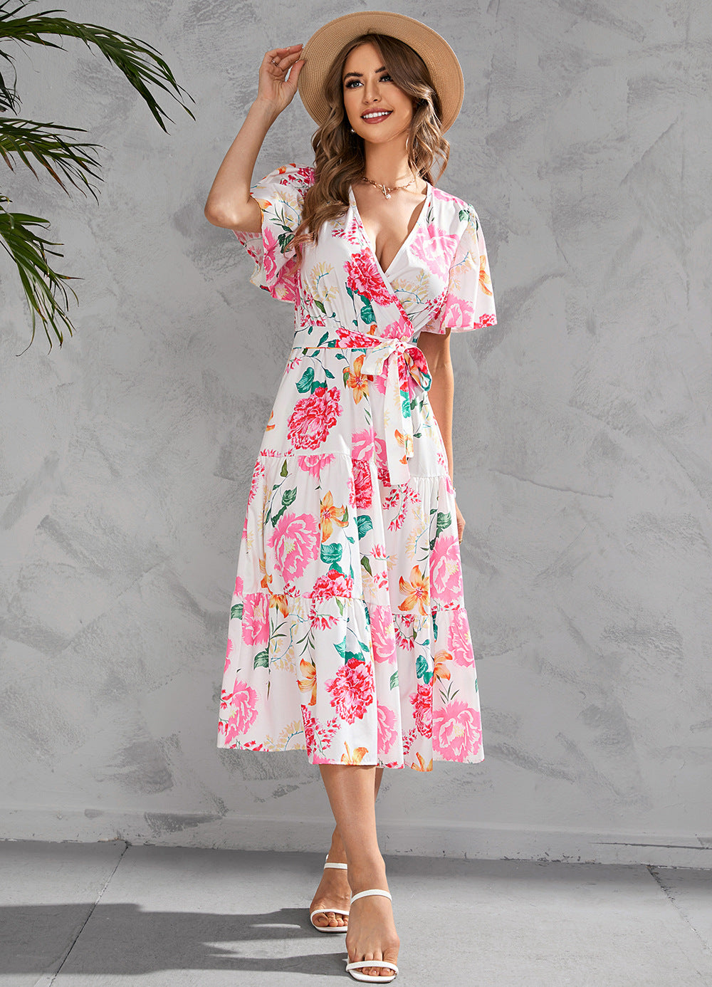 Women Clothing Summer Printed V-neck Tight Waist Mid-Length Short Sleeve Dress Tiered Dress