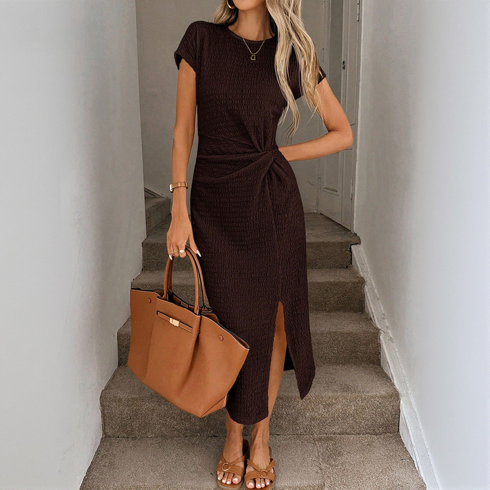 Retro Modern Brown Short Sleeves Waist Split Mid Length Elegant Women Dress