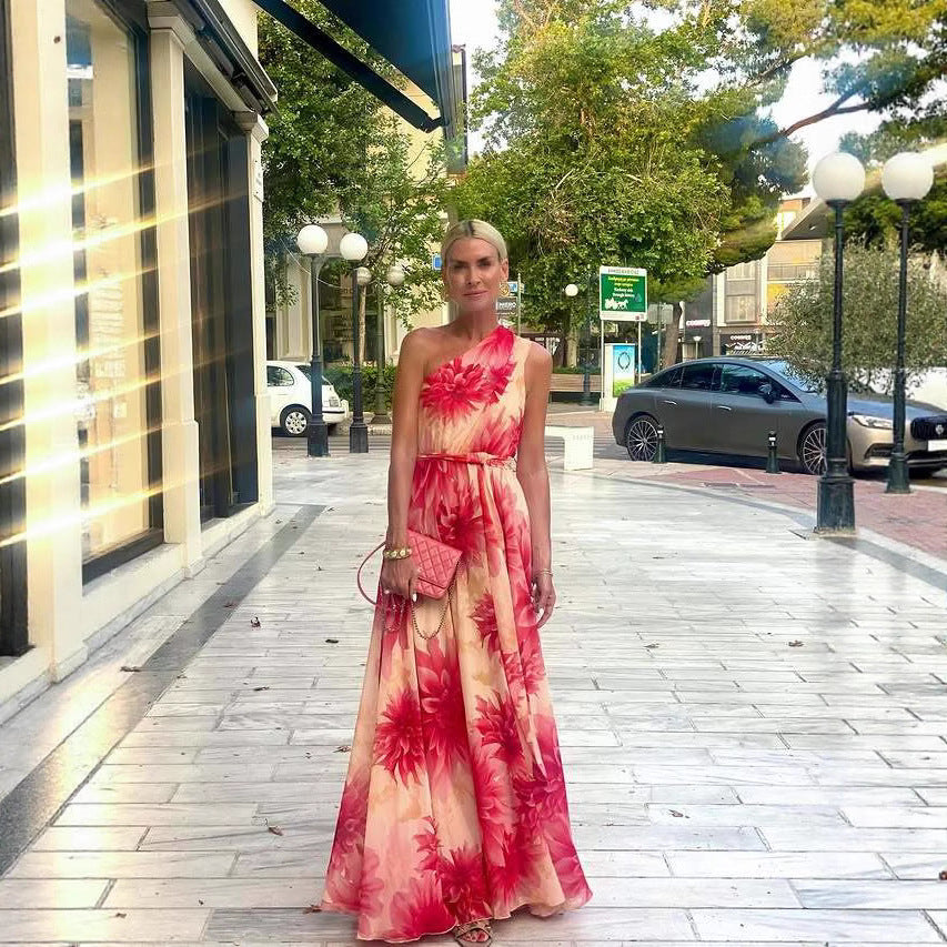 Vestido de verano con estampado de dobladillo ancho y cordones con cintura controlada para mujer