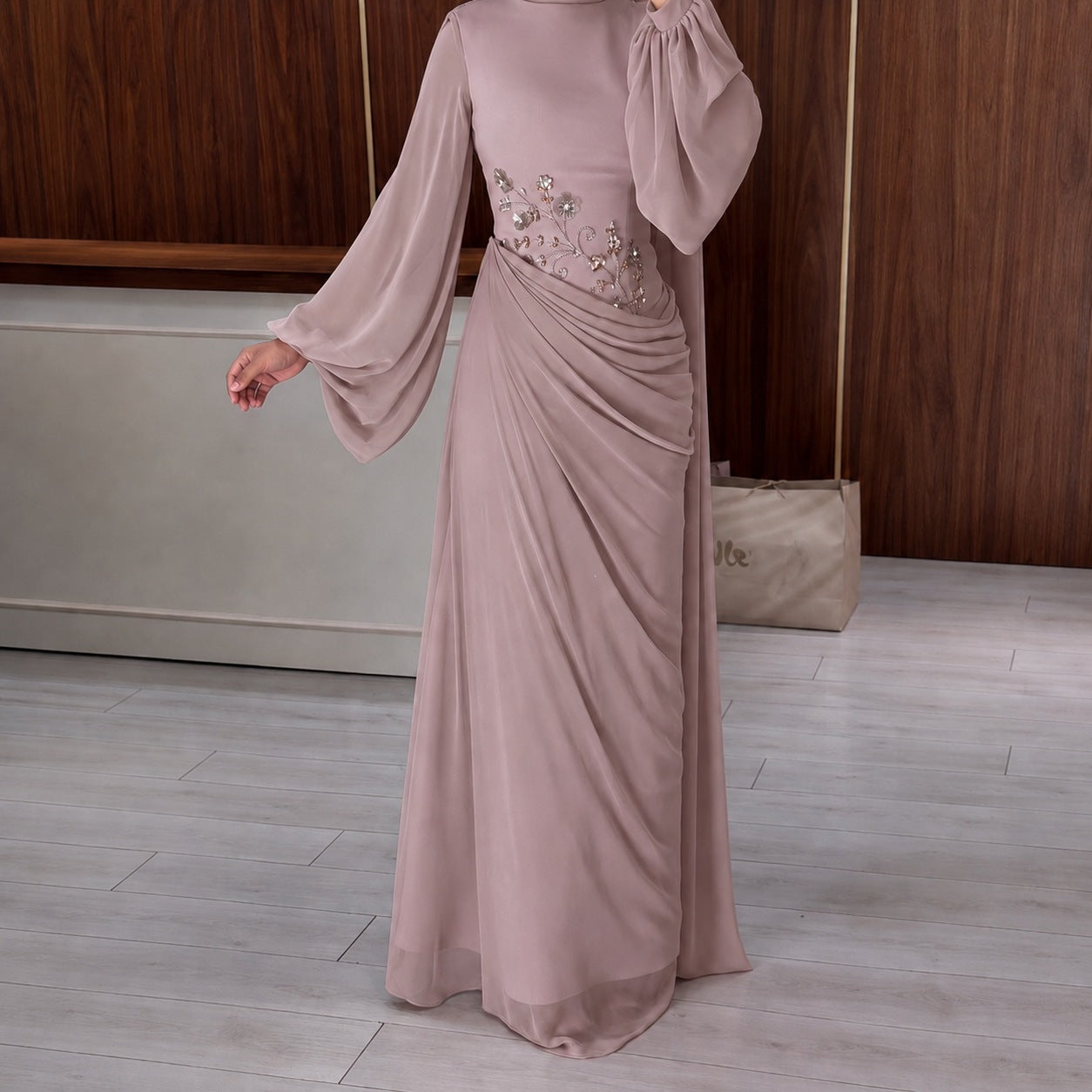 Chiffon Diamond Decorations Floral Long Sleeve Narrow Large Swing Elegant Dress
