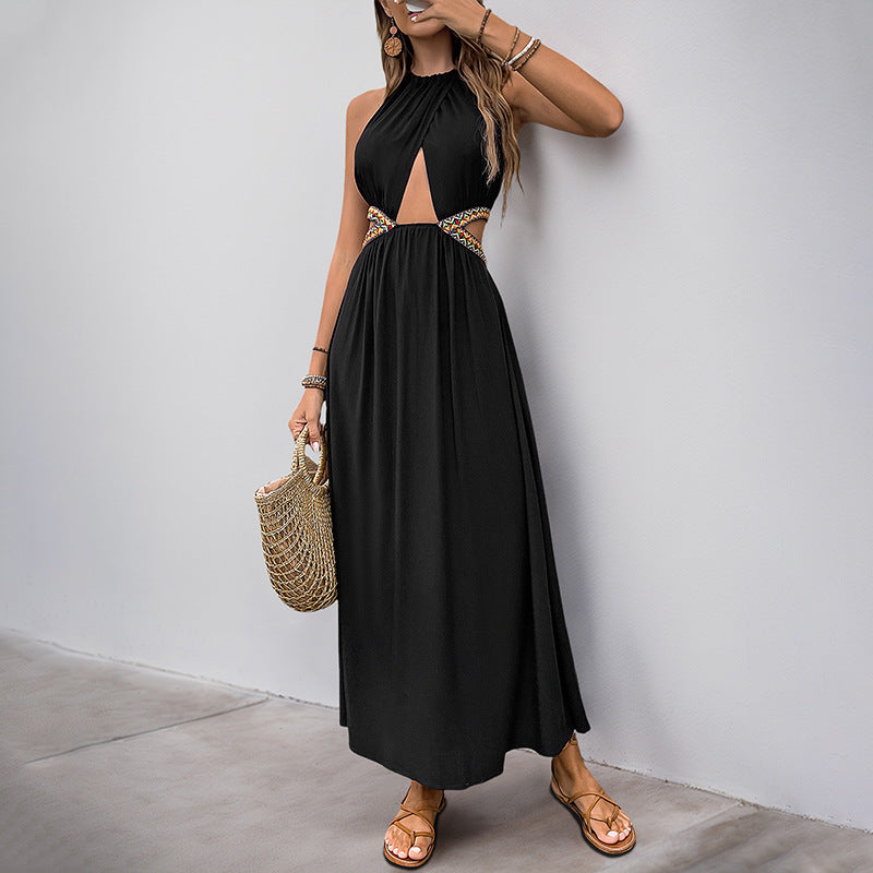 Women Casual Holiday Hollow Out Cutout Ethnic Webbing Decorative Stitching Dress