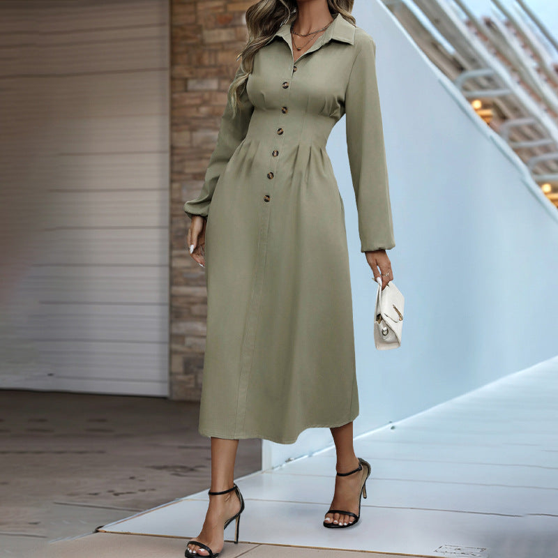 Spring Autumn Cardigan Button Polo Collar Solid Color Long Sleeve Slim Fit Dress