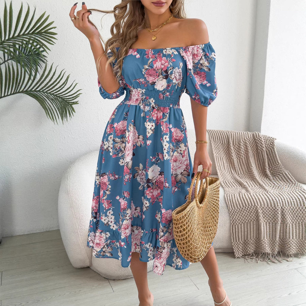 Vestido de verano floral con hombros descubiertos, manga corta con volantes y silueta A para vacaciones
