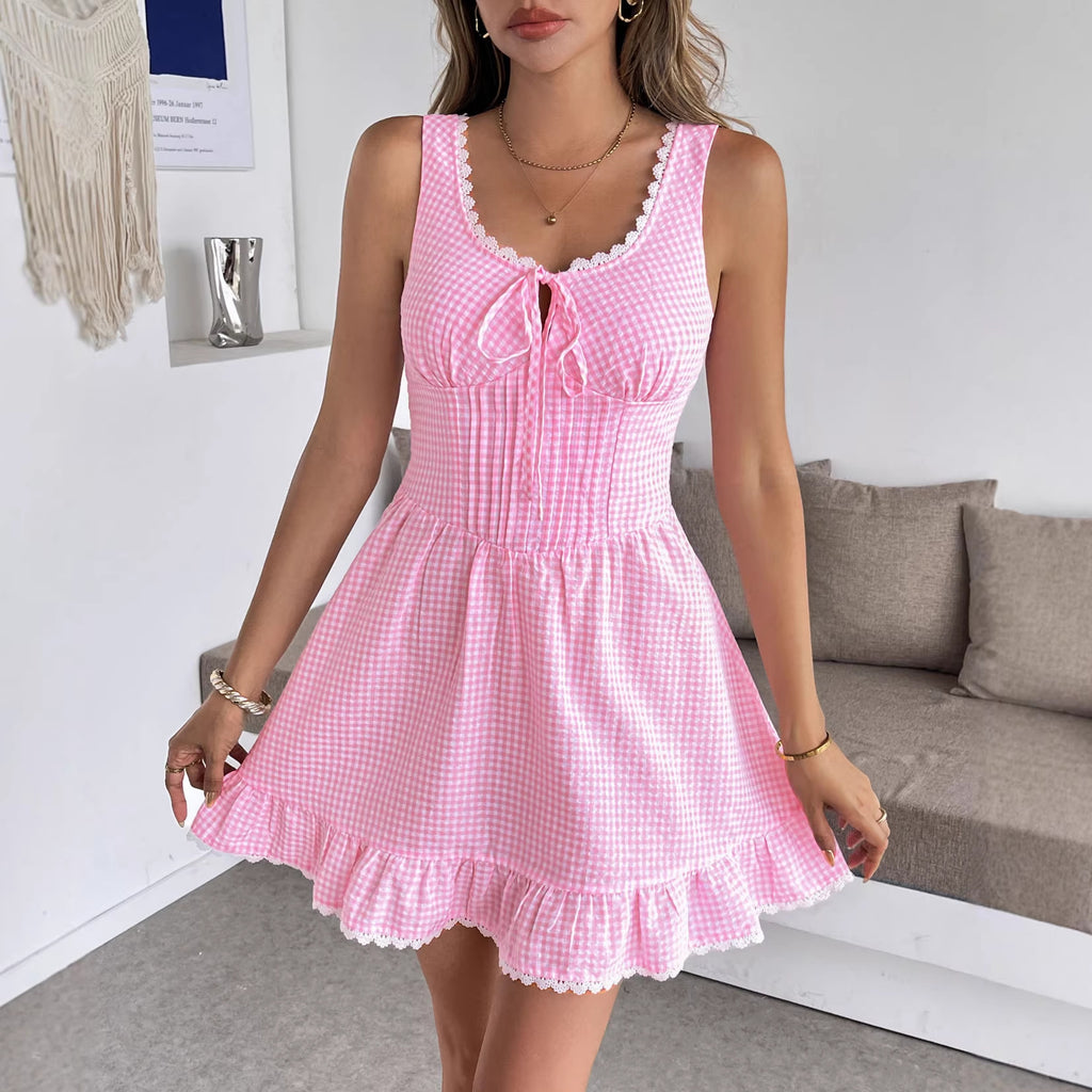 Robe courte sans manches, sexy et charmante, à carreaux et nœud en dentelle