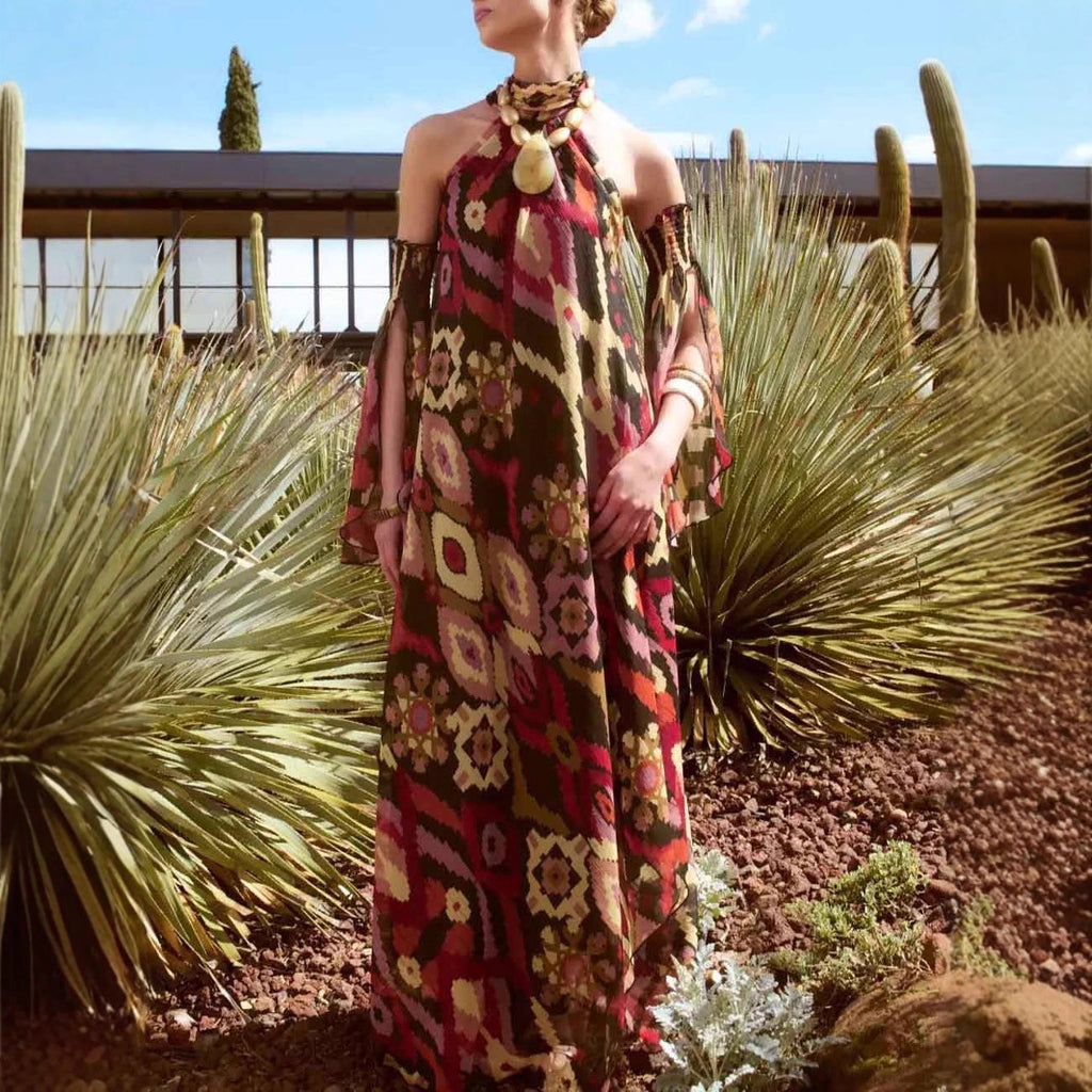 Autumn Winter French Elegant Vacation Large Dress Printed Halterneck Long Sleeved Dress Women Clothing